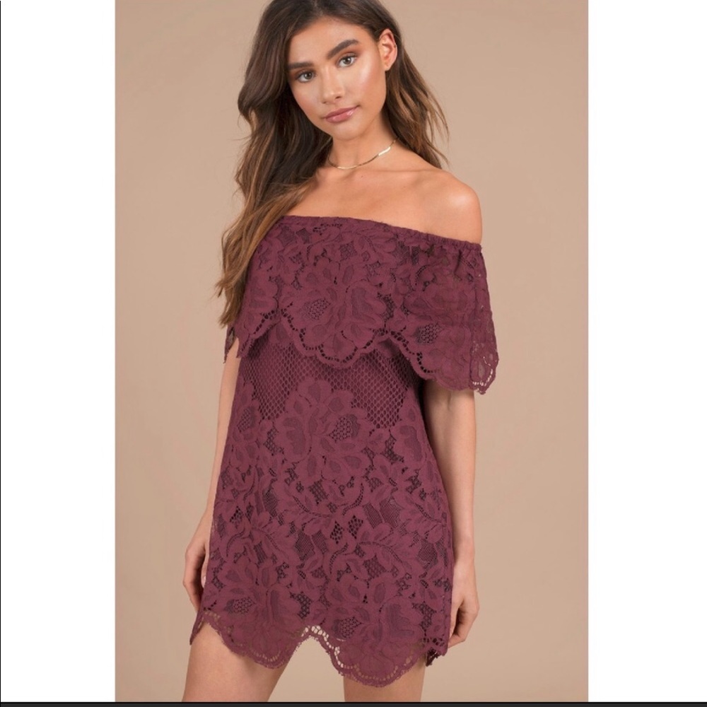 Tobi Play for Keeps Wine off shoulder lace dress